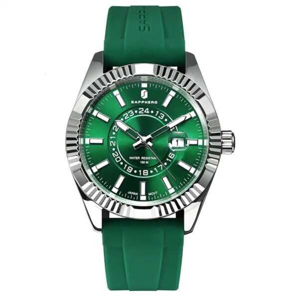 Sapphero Watch Green Dial  Green Rubber strap Bezel Size 42 mm Quartz Movement  Stainless Steel