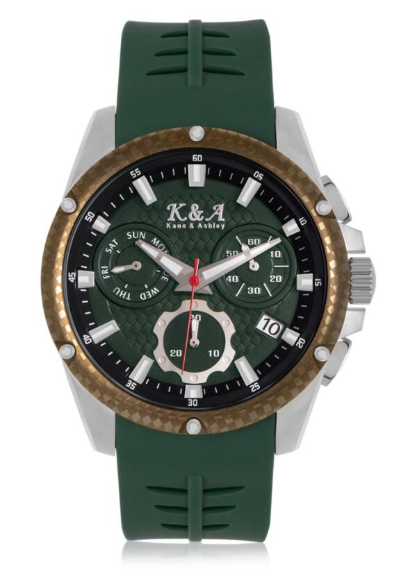 K & A Watch  Green Dial  Carbon Fiber Brown Bezel Chronograph  Bezel Size 44 mm Swiss Quartz Movement Green Rubber Strap  Stainless Steel